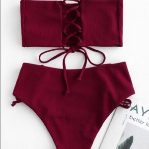 Red wine strapless bikini